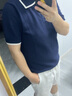 羅蒙（ROMON）英倫雅痞男裝時(shí)尚儒雅男士t恤衫短袖 輕熟風(fēng)菠蘿紋針織polo男短袖 深藍(lán)色 XL 145-155斤 曬單實(shí)拍圖
