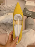 NINE WEST【明星同款】玖熙細跟高跟鞋女春秋新款尖頭淺口不累腳氣質(zhì)單鞋 7.5cm黃色-羊反絨面 38 曬單實拍圖