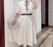 領(lǐng)季（Lingtos）連衣裙女裝2025年夏季新款學(xué)院風(fēng)連衣裙法式復(fù)古收腰假兩件裙子女 杏色短袖 M 建議100-110斤 曬單實(shí)拍圖