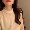 燕潯加絨加厚雪紡襯衫女秋裝2022新款釘珠設計感木耳邊半高領(lǐng)上衣漂亮 杏色 S (建議95斤以下) 曬單實(shí)拍圖