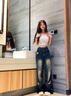 莫代爾美式復(fù)古做舊破洞牛仔褲女2025春秋新款寬松闊腿顯瘦窄版直筒褲子 復(fù)古藍(lán) M 曬單實(shí)拍圖