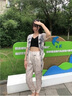 BVX新款T恤女夏新款韓版百搭時(shí)尚洋氣夏季女裝氣質(zhì)短袖休閑運(yùn)動(dòng)套裝 杏色 L 曬單實(shí)拍圖