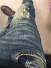 潮天士美式復古破洞牛仔褲男寬松休閑直筒褲彈力補丁高端秋冬長(cháng)褲子 藍色 33【150-160斤】 曬單實(shí)拍圖
