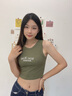 槿城歐美辣妹風(fēng)復(fù)古字母刺繡無袖背心女夏季修身短款露臍工字打底上衣 單件裝 軍綠色 M 【85-95斤】 曬單實拍圖
