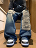 NASA BASE官方潮牌男裝休閑破洞牛仔褲男女款秋季寬松直筒大碼復古褲子男 藍色 XL（推薦體重130-140斤） 曬單實(shí)拍圖