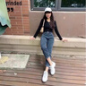 莫代爾高腰老爹牛仔褲女裝2025春季新款顯瘦寬松彈力哈倫百搭蘿卜褲子 藍灰色/九分  S 曬單實(shí)拍圖