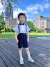 羅蒙男童西裝套裝兒童花童小童周歲生日男寶寶小男孩短袖禮服夏季 白短袖+藏青短褲+五角星背帶+領(lǐng)結(jié) 120 曬單實(shí)拍圖