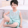 兒童睡衣夏季薄款棉綢夏天背心套裝男童夏裝綿綢寶寶人造棉家居服 無袖短褲淺綠色 80號建議穿120cm 曬單實拍圖