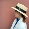 ALBINELEins網(wǎng)紅草帽女夏天復古英倫平頂禮帽韓版小清新沙灘防曬遮陽(yáng)帽潮 米色 可調節 曬單實(shí)拍圖