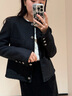玖姿·安娜蔻商務輕熟風小香圓領鑲邊口袋休閑外套女2024春款 素黑 M 曬單實拍圖