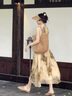 LISCN夏季顯瘦古雅椿野少女新中式天絲掛脖連衣裙夏季印花度假?lài)L(fēng)裙子 圖片色 S 曬單實(shí)拍圖