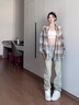 梓洛蘭ZiLuolan秋季套裝女2025韓版寬松格子襯衫吊帶背心搭配高腰牛仔褲 藍色格子襯衫+白背心+牛仔褲 2XL (建議140-160斤) 曬單實拍圖