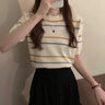 AEMAPE夏季新款冰絲針織衫條紋短袖女法式減齡外穿溫柔氣質(zhì)圓領(lǐng)t恤上衣 杏色 均碼 80-125斤 曬單實(shí)拍圖