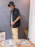良茨胖子大碼夏季冰絲工裝短袖襯衫男外套痞帥大碼男裝學生休閑套裝 黑色 XL 125-145斤 曬單實拍圖