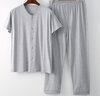 欣尚優(yōu)中老年男士加肥大碼開(kāi)衫系扣短袖長(cháng)睡褲家居服睡衣套裝開(kāi)襟空調衫 淺灰色 2XL 125-150斤 曬單實(shí)拍圖