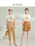 JESSIE時(shí)尚圓領(lǐng)字母印花修身短袖T恤上衣女春夏新款 杏色 M 曬單實(shí)拍圖