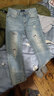 英爵紳（YINGJUESHEN）春秋淺色9分牛仔褲男韓版潮流修身破洞九分褲小腳乞丐補丁潮褲子 淺藍色 28 曬單實(shí)拍圖