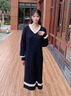 TOMMY JEANS春秋季女裝學(xué)院風(fēng)羊毛混紡刺繡拼色V領(lǐng)寬松版中長(cháng)針織連衣裙 藏青白拼色DW5 S （推薦：95-110斤） 曬單實(shí)拍圖