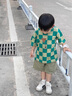 FNJ KIDS童裝男童短袖套裝2025夏季洋氣休閑寶寶衣服兒童格子兩件套 卡綠 90 （身高80-90cm） 曬單實(shí)拍圖