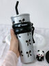 暢印新款可愛(ài)櫻桃熊貓吸管保溫杯高顏值大容量水杯女大水壺帶把手水杯 熊貓黑-710ml 曬單實(shí)拍圖