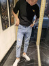 NASA RHUDE夏天破洞直筒牛仔褲男士九分男夏季時(shí)尚修身牛仔褲休閑小腳褲子男 819藍(lán)灰 31 (建議體重125-135斤) 曬單實(shí)拍圖