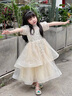 小咔衣濃女童主持人演出服花童婚紗小女孩生日兒童鋼琴演奏公主裙高端夏季 香檳色T3904長款 130 曬單實拍圖