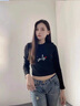 嫻柔2025小圓領(lǐng)打底衫女春秋冬新款緊身露臍高腰辣妹內搭長(cháng)袖T恤上衣 黑色【短款smile】 M 曬單實(shí)拍圖