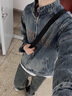 謙集（QIANJI） 機(jī)車風(fēng)男士外套春秋季2024新款字母刺繡夾克復(fù)古水洗立領(lǐng)牛仔外 藍(lán)色 L (120-140斤) 曬單實(shí)拍圖