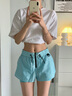 MAGNLENS運動(dòng)短褲女跑步高腰拉鏈戶(hù)外夏季新款健身松緊腰帶褲子 粉藍 S 165 曬單實(shí)拍圖