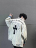 衣然呈品美式高街Vibe十字架復古翻領(lǐng)牛仔外套男情侶休閑工裝潮牌夾克男裝 黃色 L【建議110-125斤】 曬單實(shí)拍圖