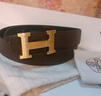 愛(ài)馬仕（HERMES）Hermes愛(ài)馬仕皮帶男H扣雙面腰帶小牛皮革金色拉絲皮帶奢侈品潮牌 黑色/巧克力色 95 曬單實(shí)拍圖