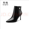 輕越牛皮高跟短靴細(xì)跟女靴歐美風(fēng)冬季新款尖頭側(cè)拉鏈時裝低筒靴大碼 黑色絨里 37 曬單實拍圖