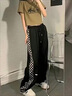 楠笙記棋盤(pán)格設計感休閑褲男士春秋冬季高街青少年寬松拖地哈倫長(cháng)褲子 黑色 加絨 L 曬單實(shí)拍圖