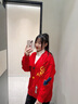嫻妃2023秋冬新款女裝慵懶風(fēng)開衫毛衣外套女式寬松刺繡V領(lǐng)針織衫 紅色 均碼 曬單實拍圖