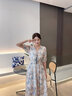 香影碎花連衣裙女2025夏裝新款海邊度假沙灘裙泡泡袖v領(lǐng)雪紡長(cháng)裙 藍色 S 曬單實(shí)拍圖