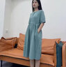 皮爾卡丹（pierre cardin）氣質(zhì)連衣裙2025年新款夏季女中長(cháng)款收腰顯瘦遮肚a字短袖色裙子 豆綠色 L 建議102-116斤 曬單實(shí)拍圖