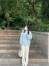 妃莉杋衛(wèi)衣女裝套裝2024秋冬季新款寬松百搭小個(gè)子時(shí)尚減齡闊腿褲兩件套 藍(lán)色毛衣+米杏色褲子 M 曬單實(shí)拍圖