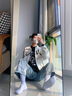 卡圖弛美式復古牛仔外套裝男秋季潮牌嘻哈涂鴉夾克高街寬松兩件套衣服 白色牛仔外套+黑灰色牛仔褲 XL 曬單實(shí)拍圖