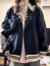 薇衣設(shè)2024韓版松弛感棒球服女休閑開(kāi)衫立領(lǐng)上衣春秋情侶款?yuàn)A克外套 藏青色 M 曬單實(shí)拍圖