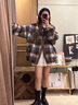 CTOX設(shè)計感PU皮拼接格子毛呢外套女2024冬新款小個子寬松保暖呢子大衣 棕格紋 M 115斤內(nèi) 曬單實拍圖