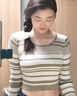Jret條紋圓領(lǐng)長(cháng)袖針織衫女秋冬款修身短款顯瘦內搭打底針織t恤上衣 駝條色 M [建議95-105斤] 曬單實(shí)拍圖