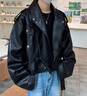 杭潮社黑色墊肩短款油蠟皮衣夾克歐美高街hiphop外套男生酷帥穿搭冬套裝 黑色三件套 XL 曬單實(shí)拍圖