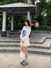 LDBE涂鴉斜肩假兩件衛衣女春秋美式復古寬松慵懶風(fēng)設計感辣妹露肩上衣 白色 S 【80-100斤】 曬單實(shí)拍圖