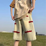 衣然呈品刺繡牛仔短褲男款夏季美式高街水洗潮牌歐美設(shè)計(jì)感小眾五分褲子男 黃泥色 L【建議110-125斤】 曬單實(shí)拍圖