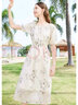 百圖betu女裝夏季新款連衣裙國(guó)潮印花圓領(lǐng)夏天收腰裙子2403D01 米白 S 曬單實(shí)拍圖