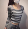 柯蘭娜設(shè)計(jì)感條紋方領(lǐng)短款上衣女長(zhǎng)袖t恤女春秋甜辣修身內(nèi)搭打底針織衫 黑色長(zhǎng)袖 均碼 適合70-90斤 曬單實(shí)拍圖