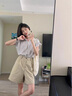 艾美琦美（AIMEIQIMEI）新款休閑褲套裝女裝2024夏季通勤職場(chǎng)氣質(zhì)穿搭顯瘦闊腿短褲兩件套 條紋上衣+米杏色短褲 L 曬單實(shí)拍圖