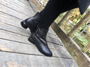 施菲雅牛皮方頭中跟短靴女歐美潮秋冬季百搭休閑保暖絨金屬扣粗跟低筒靴 黑色(絨里) 36 曬單實(shí)拍圖