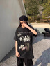 至唯 玫瑰印花美式重磅短袖t恤男女同款夏季潮牌寬松水洗純棉潮流衣服 黑色 XL【推薦120-135斤】 曬單實(shí)拍圖