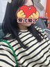 MO&Co.愛心織嘜刺繡落肩條紋短袖連衣裙氣質(zhì)高端裙子女摩安珂 杏黑條-第2批 S 160 曬單實拍圖